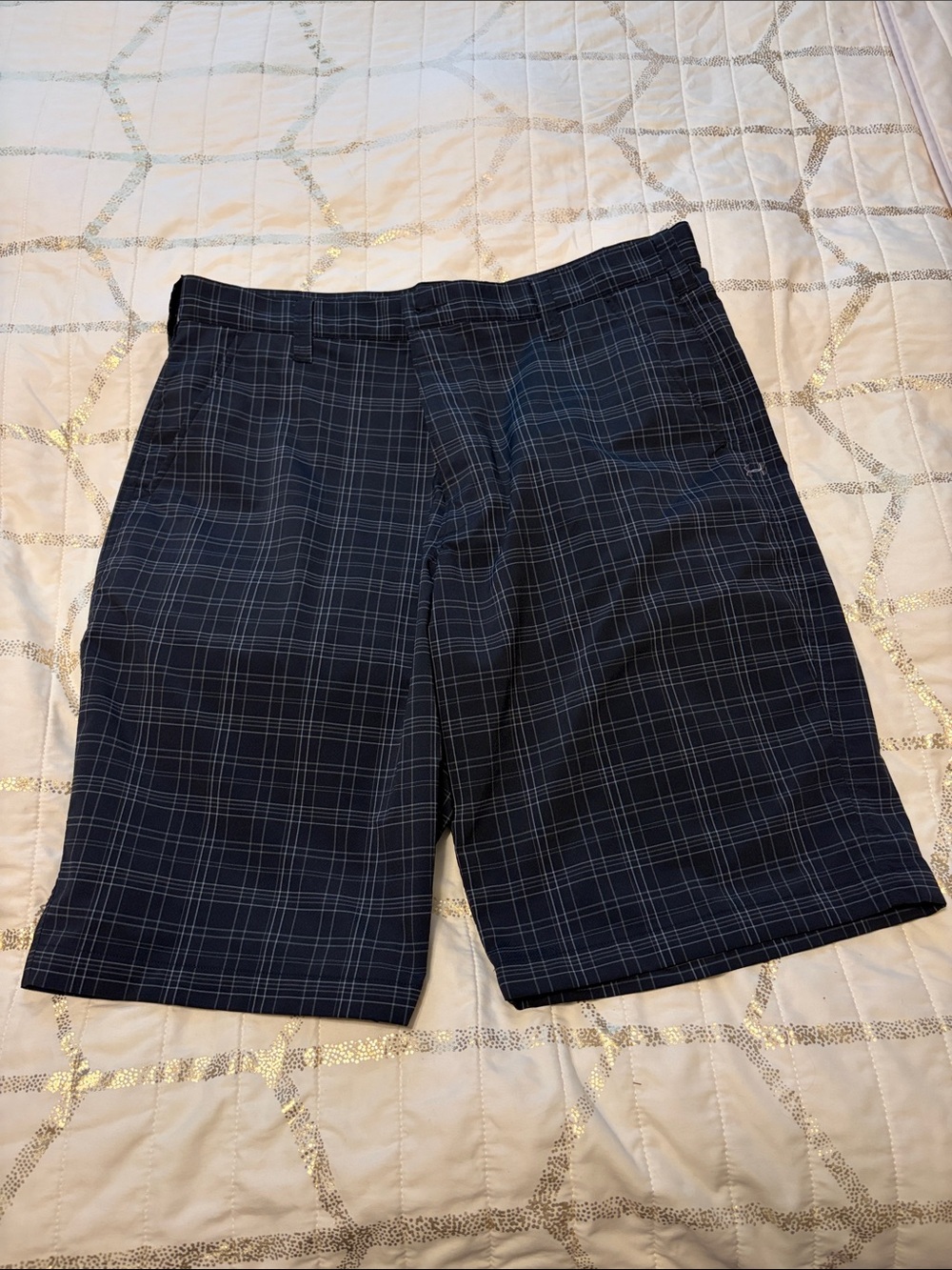 Under Armour Navy and White Plaid Flat-Front Golf Shorts